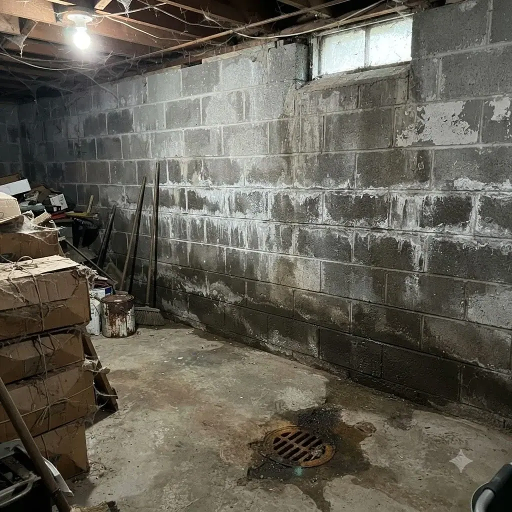 Damp block basement wall in an older Youngstown home