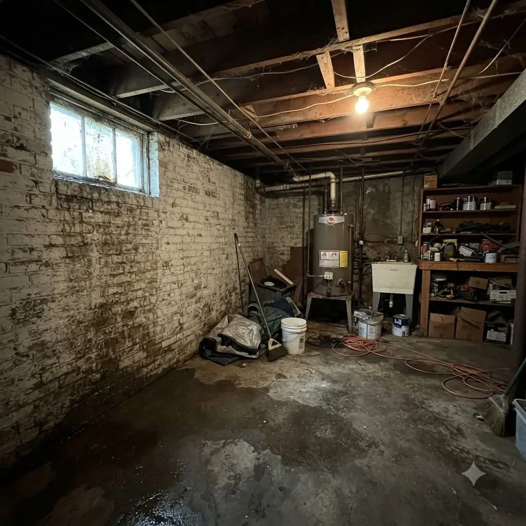 Older basement with wet patches on the floor after rain